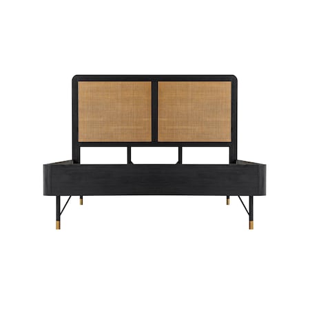 Armen Living Saratoga Queen Platform Frame Bed in Black Acacia with Rattan Headboard LCSRBDBLQN